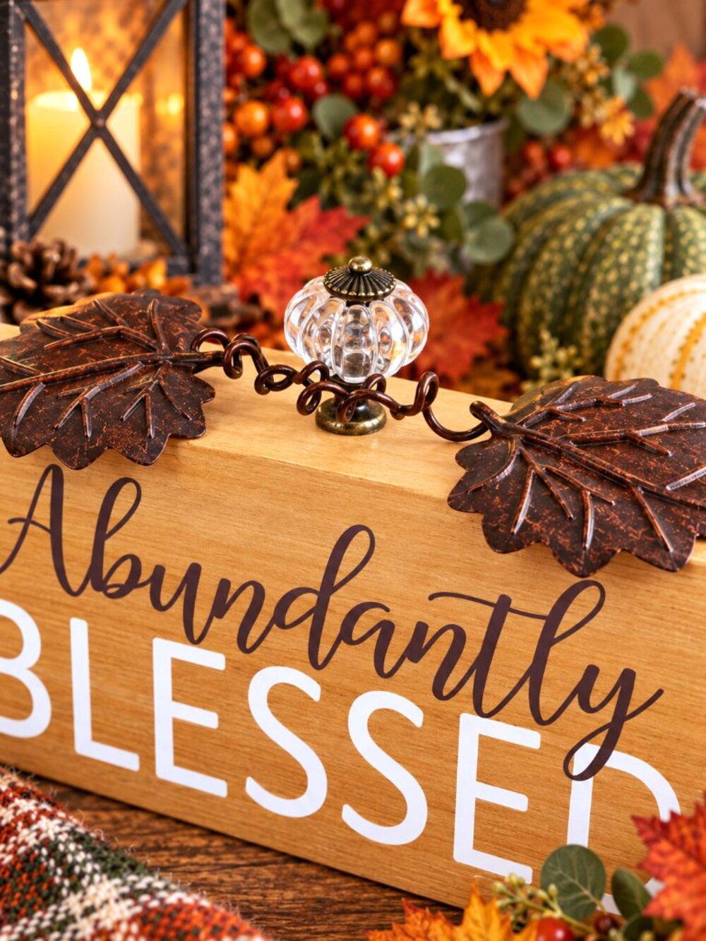 Abundantly Blessed Wood Sign Metal Leaves Crystal Accent Fall Thanksgiving Décor - Picture 2 of 3